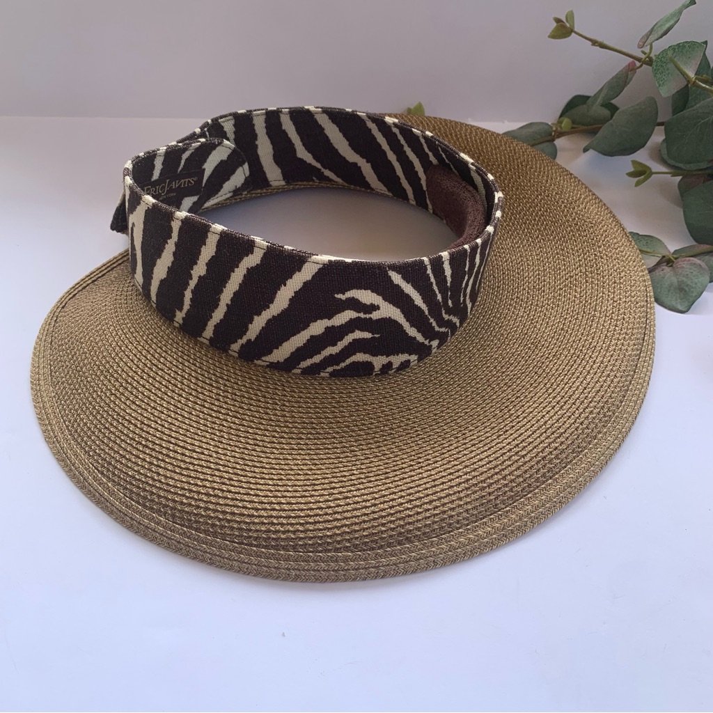 Eric Javits Straw Packable Sun Visor/Hat With Animal Print Band